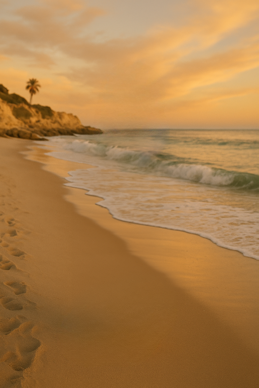 Golden beach at sunset with gentle ocean waves