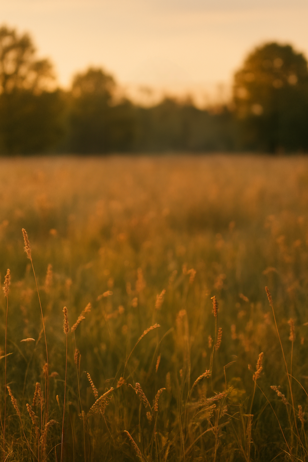 Warm golden hour in a serene grassy field, dusk