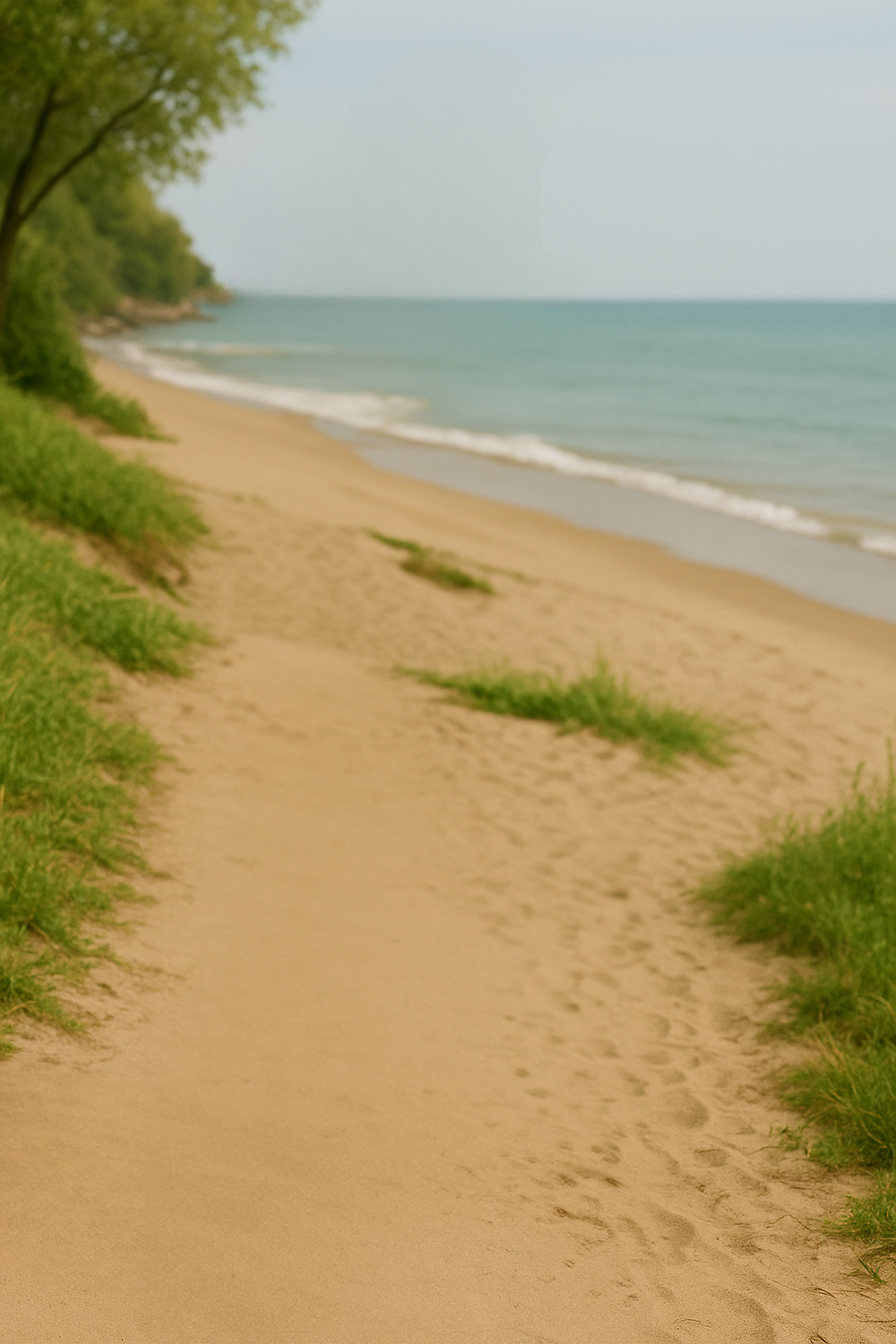 Sandy beach trail bordered by greenery and calm shoreline.