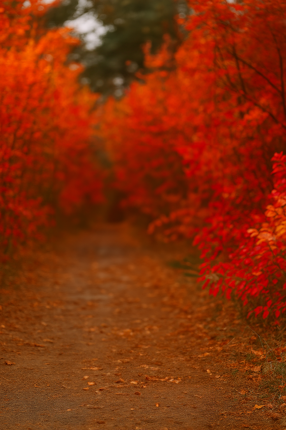 Fiery vibrant autumn red forest trail