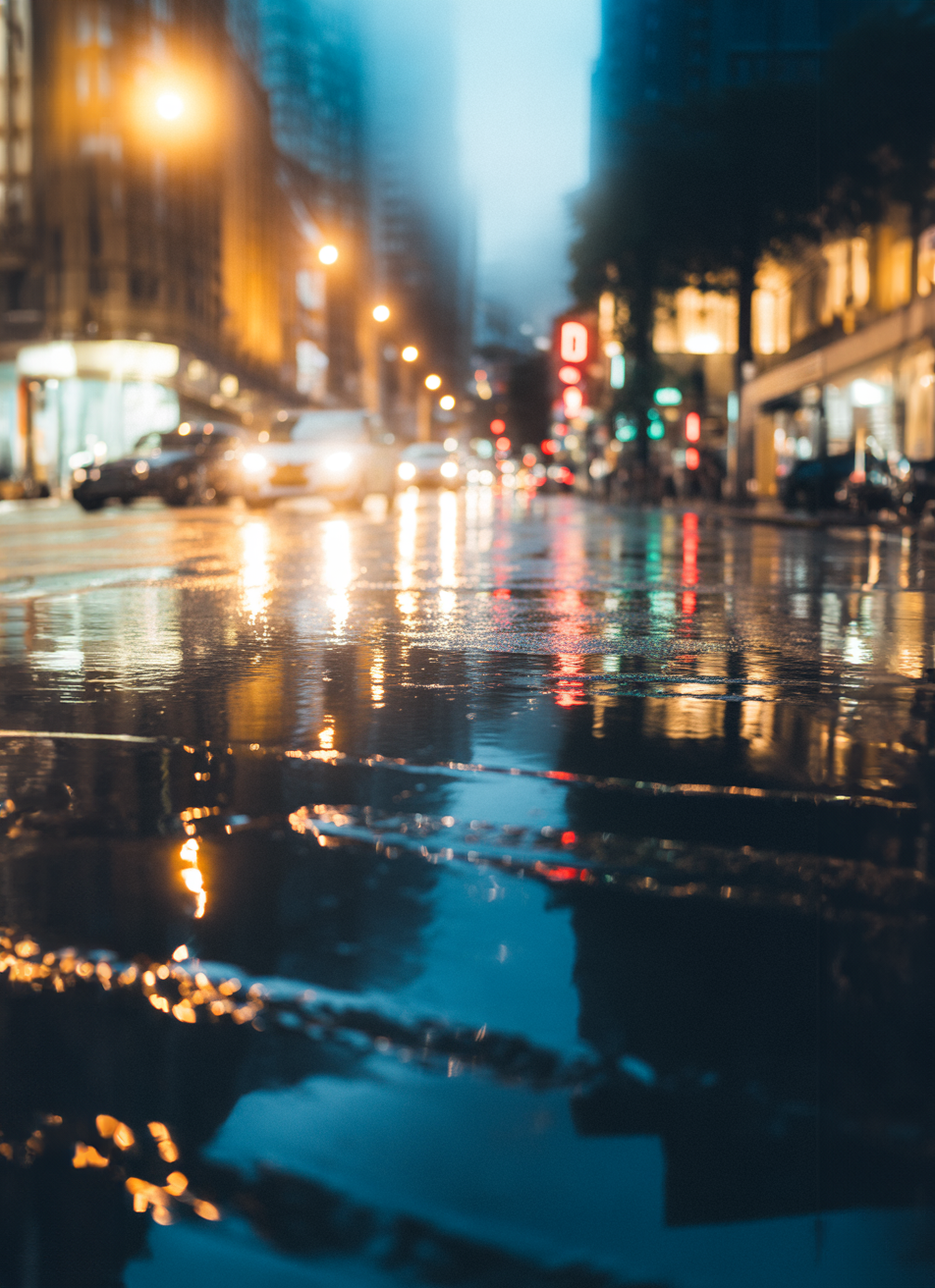 Rain-soaked city street with glowing lights and reflections