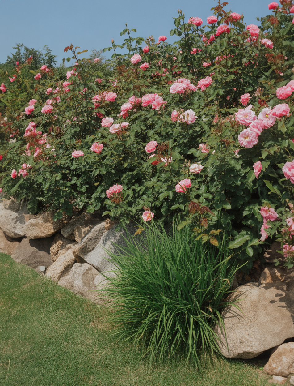 Blooming pink rose bushes along stone garden wall