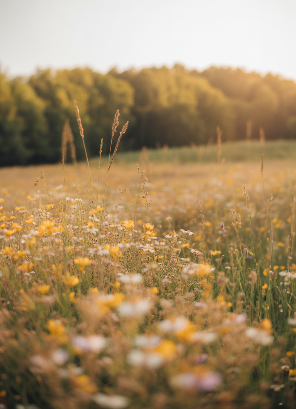 Wildflower meadow with tall grass and distant trees