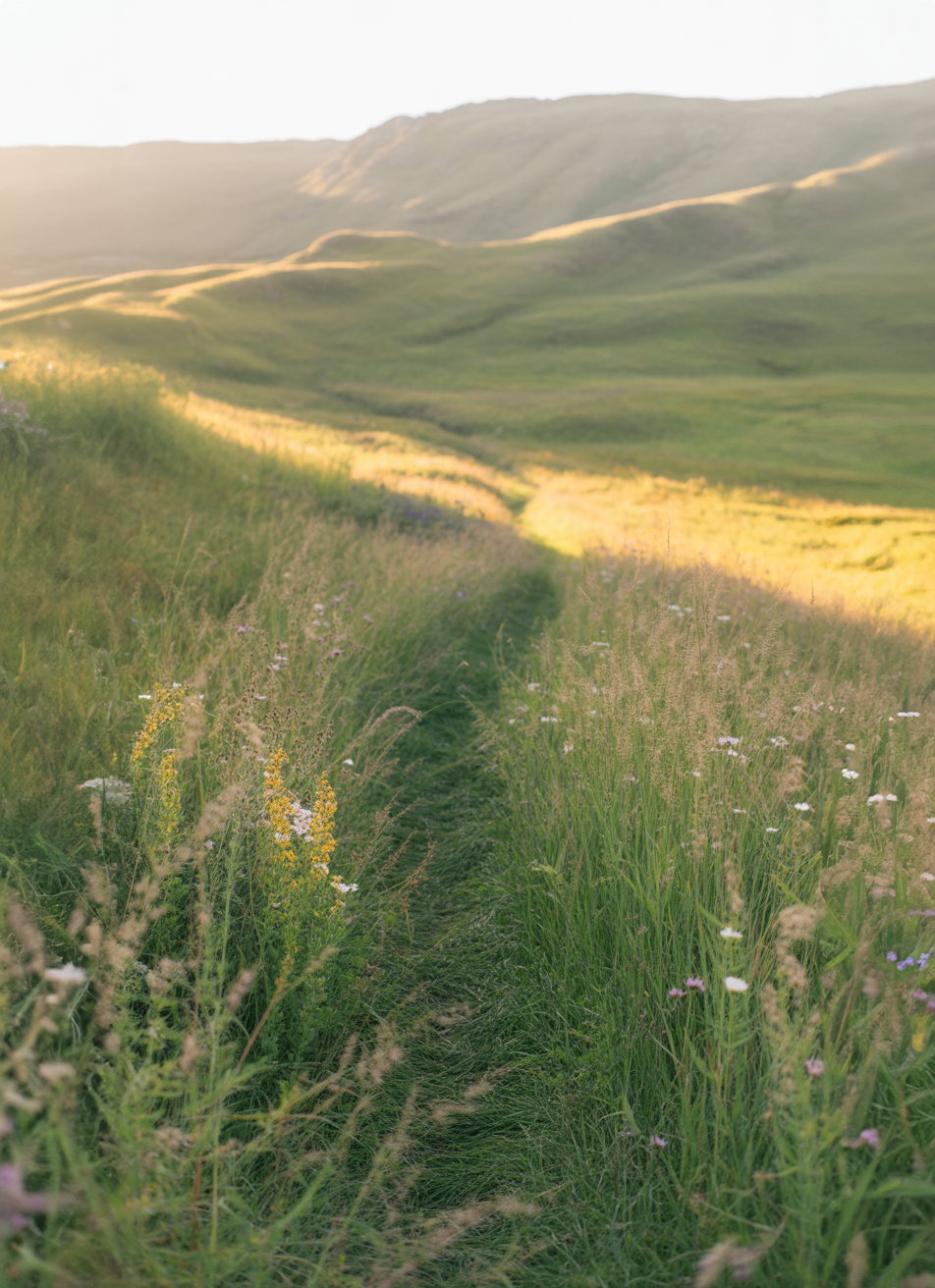 Sunlit grassy trail winding through rolling green hills