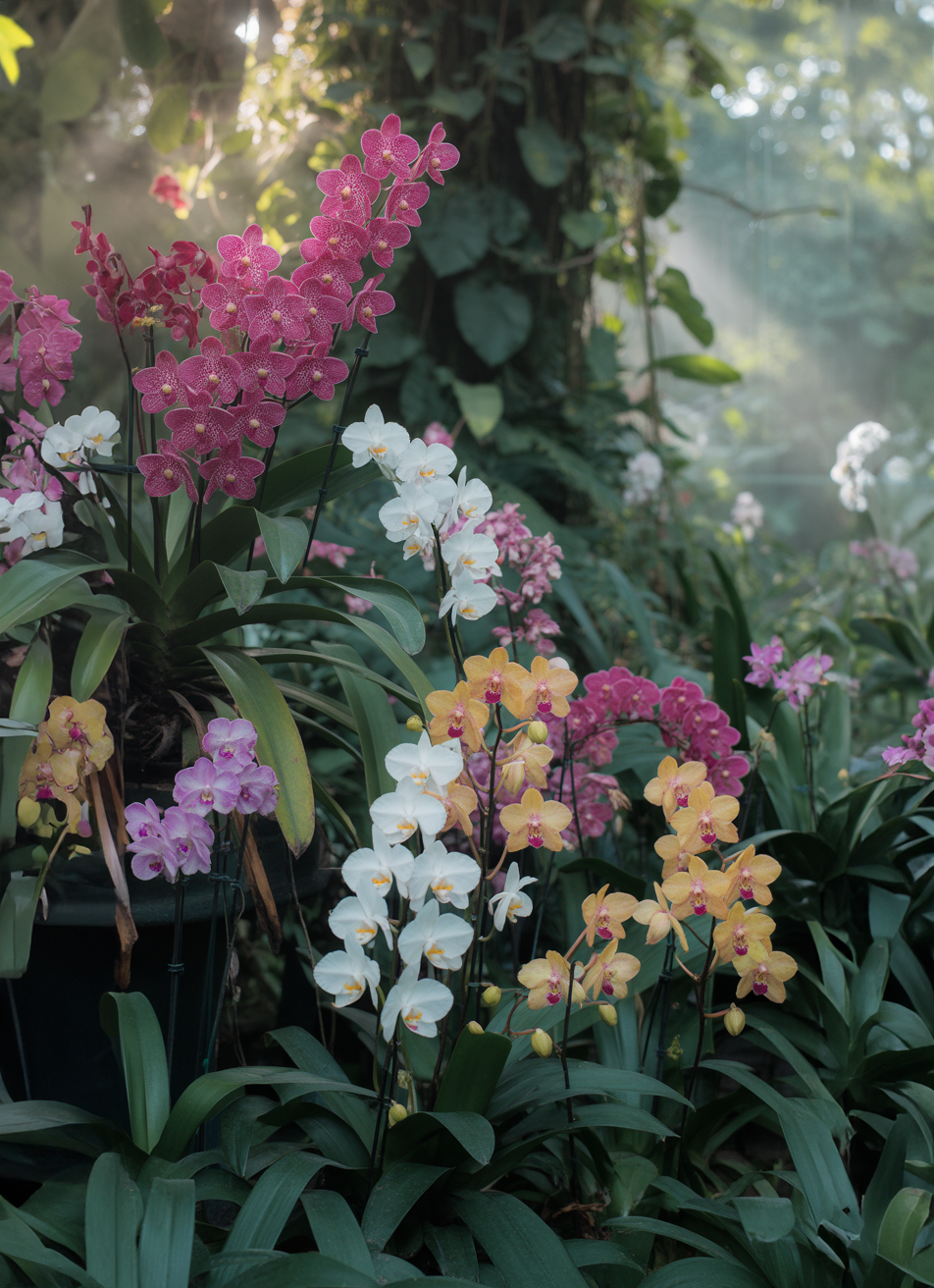 Lush tropical garden with vibrant blooming orchid flowers