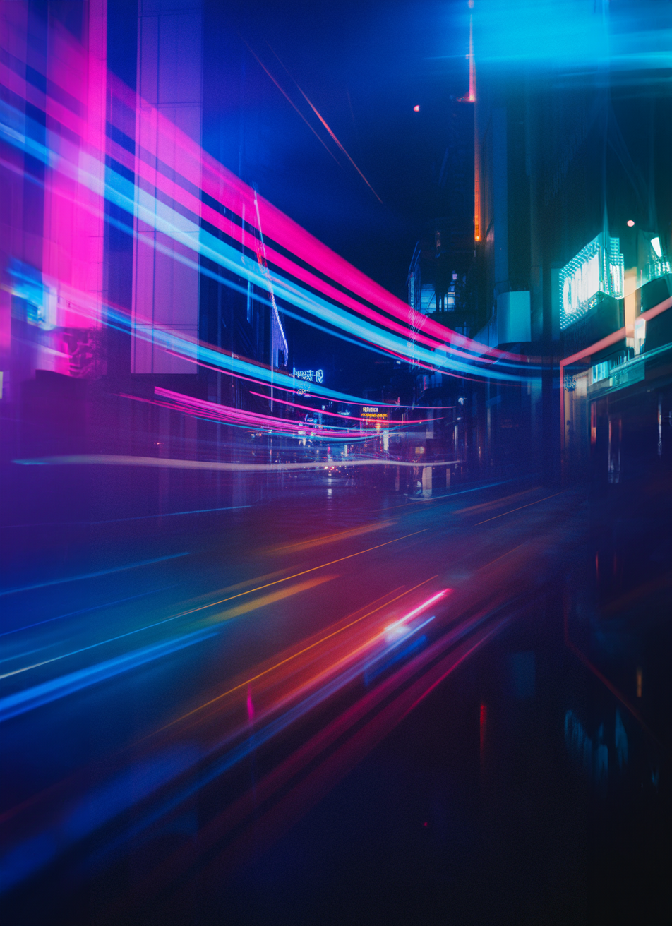 Neon-lit city street glowing with vibrant night lights