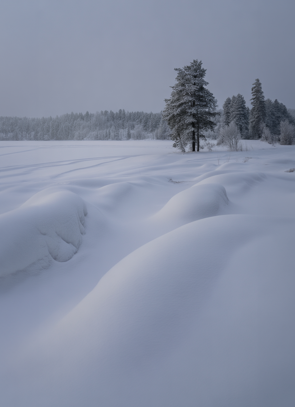 Snow-covered winter landscape with trees and gentle hills