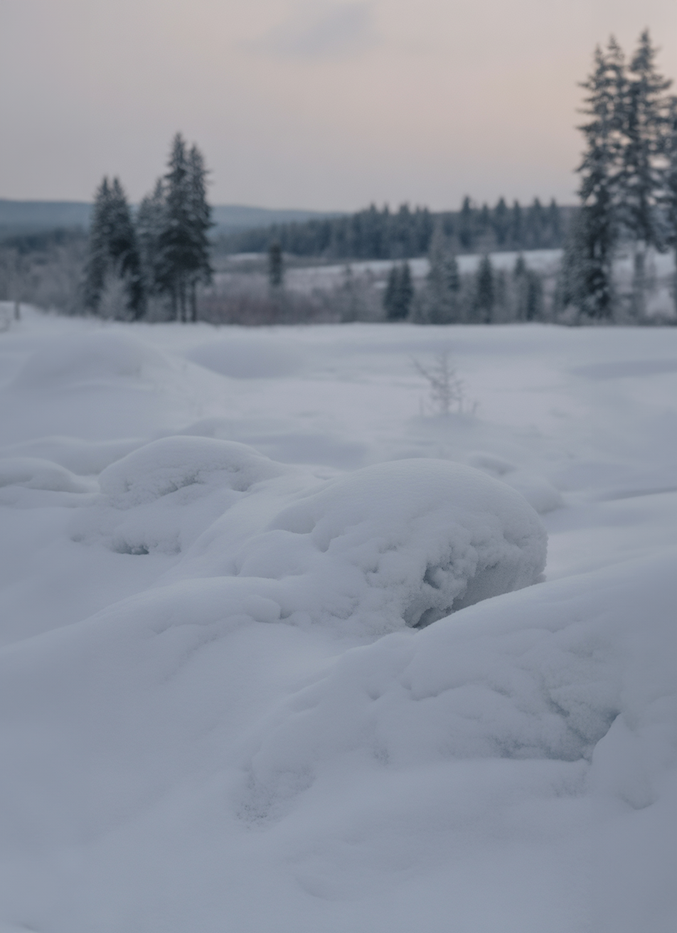 Snow-covered landscape with distant pine trees and soft hills
