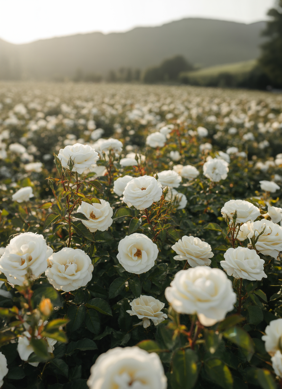Field of blooming white roses under warm sunlight