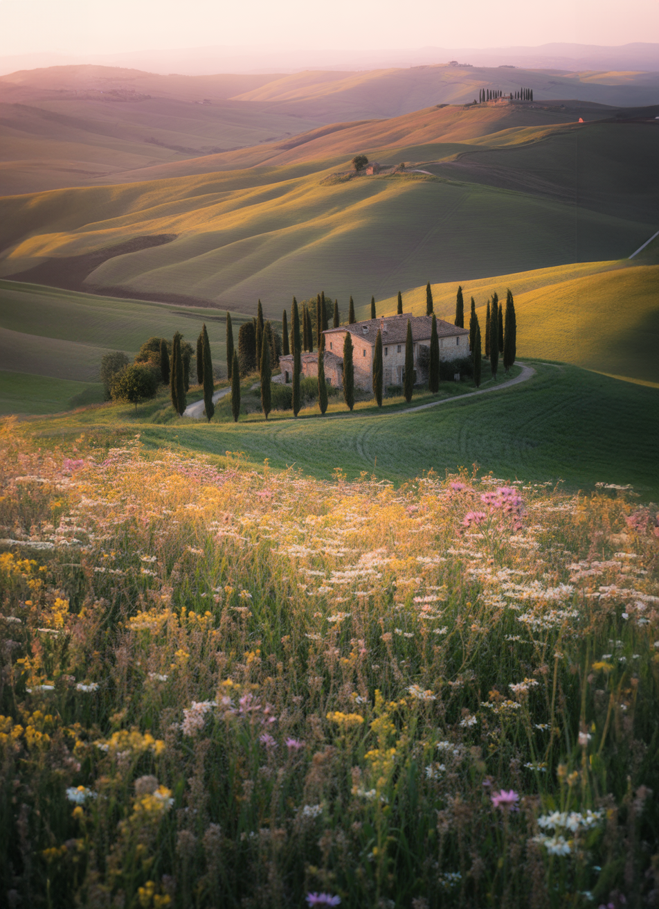 Rolling countryside hills with cypress trees and wildflower meadow