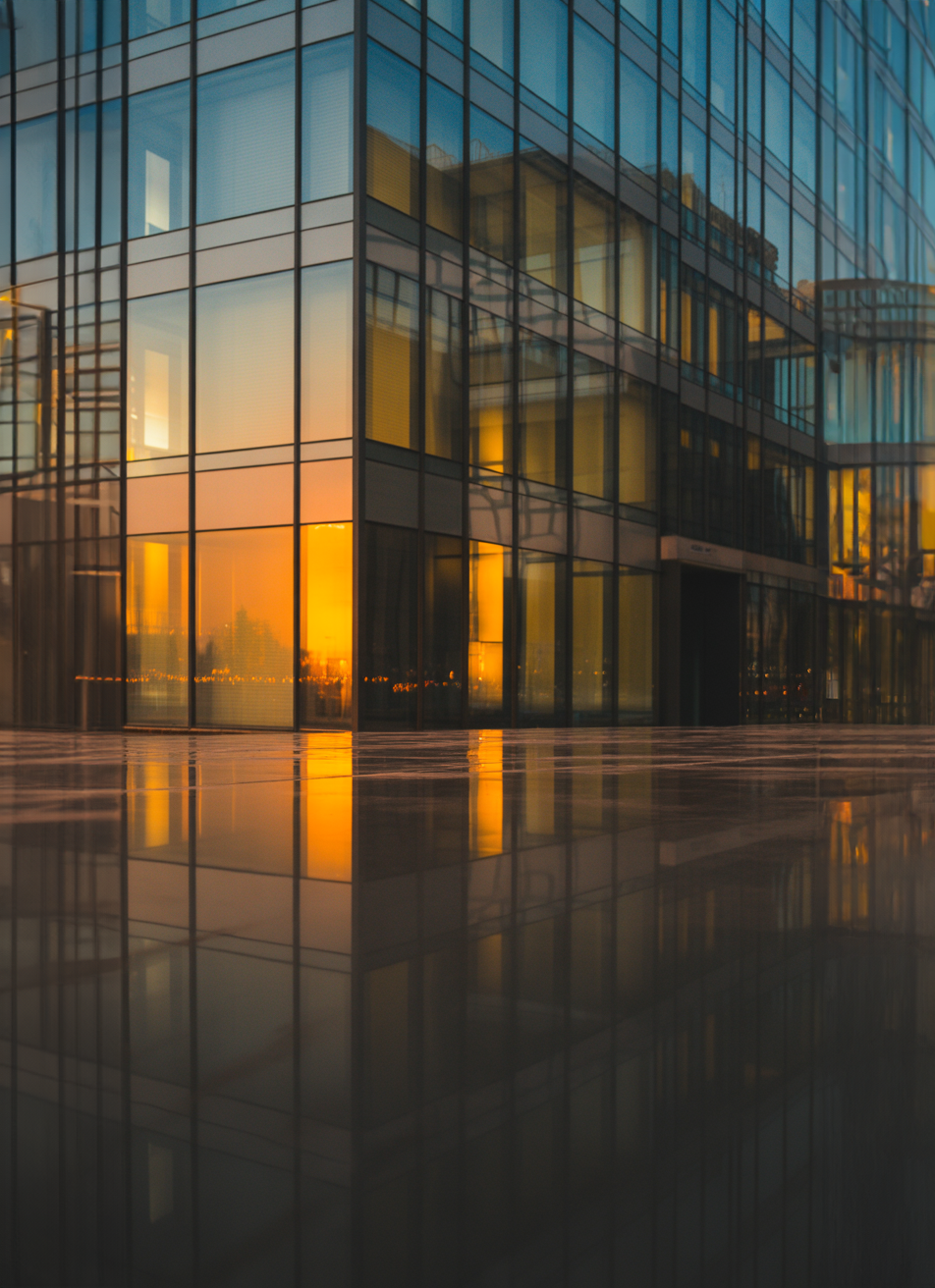 Modern glass building reflecting warm golden sunset light