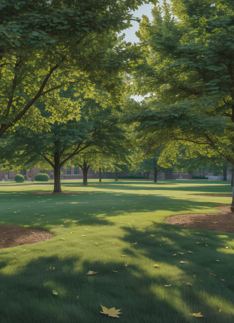 Green open park with tall trees and soft sunlight