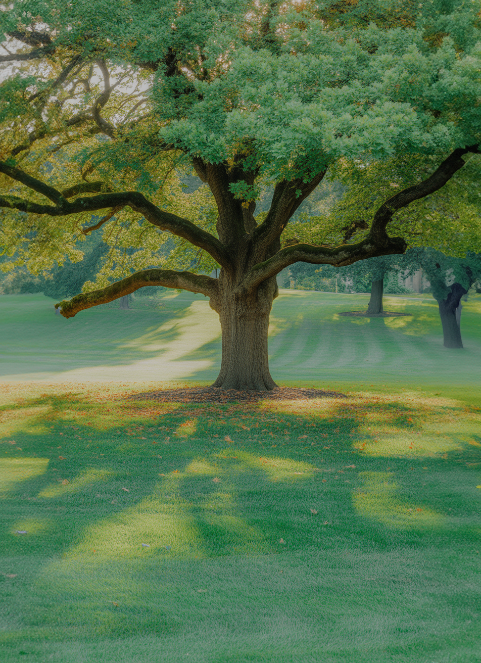 Large oak tree casting shadows on green grassy field