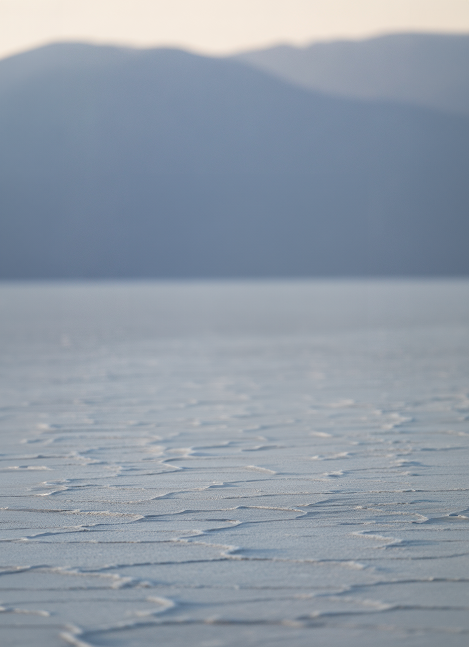 Vast frozen lake with distant mountain silhouette backdrop