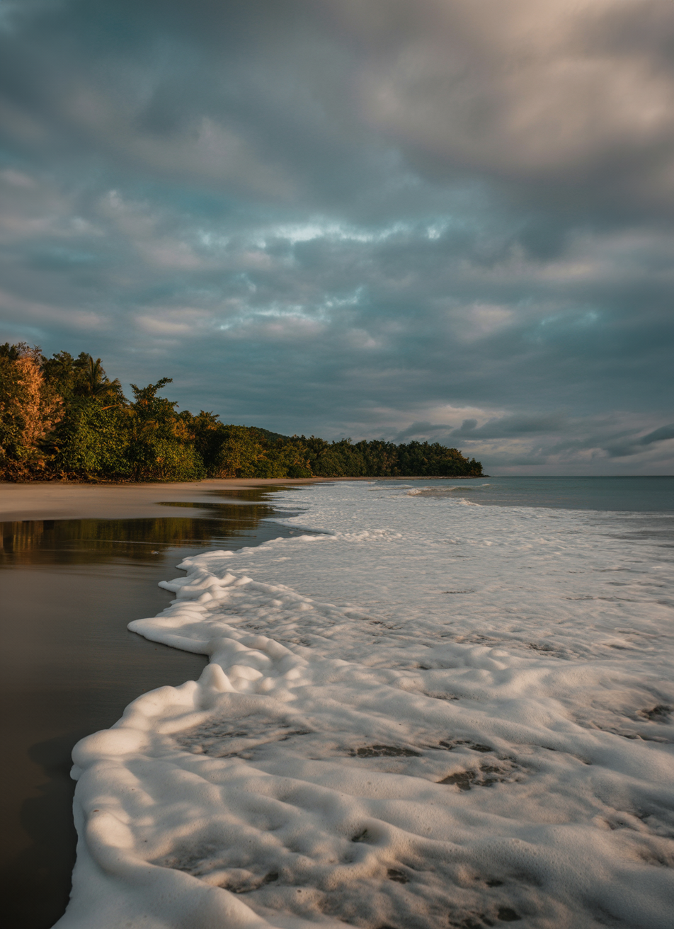 Foamy ocean waves rolling onto a tropical sandy shoreline