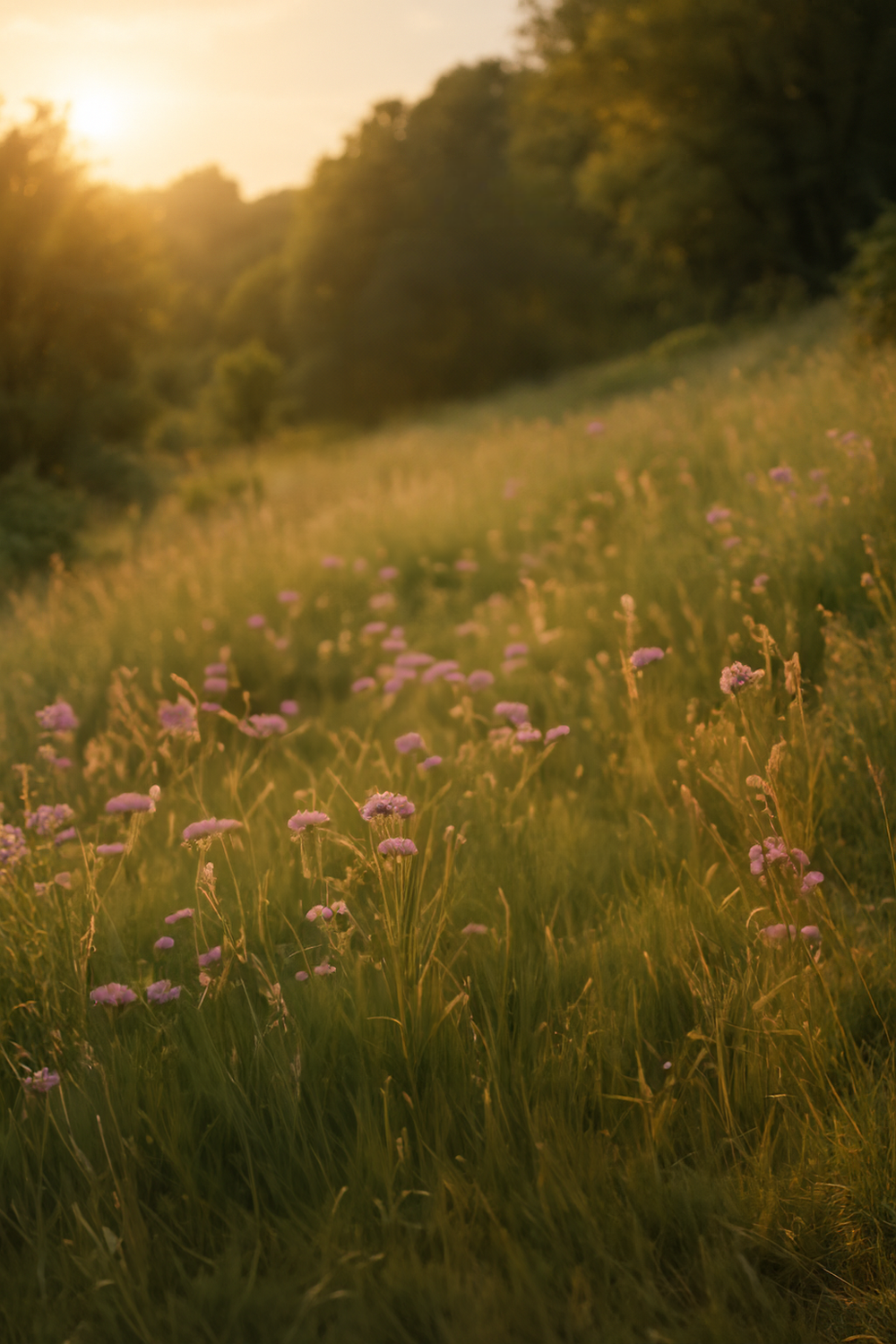 Golden light in wildflower field near dense forest