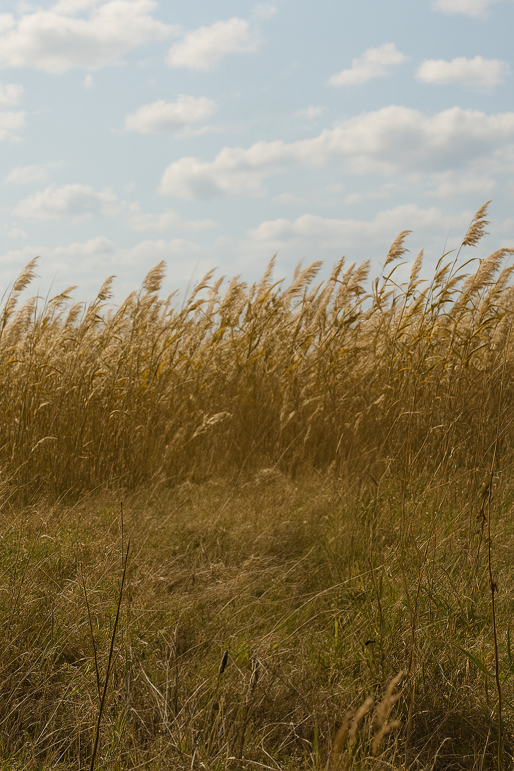 Tall golden grass beneath a cloudy sky