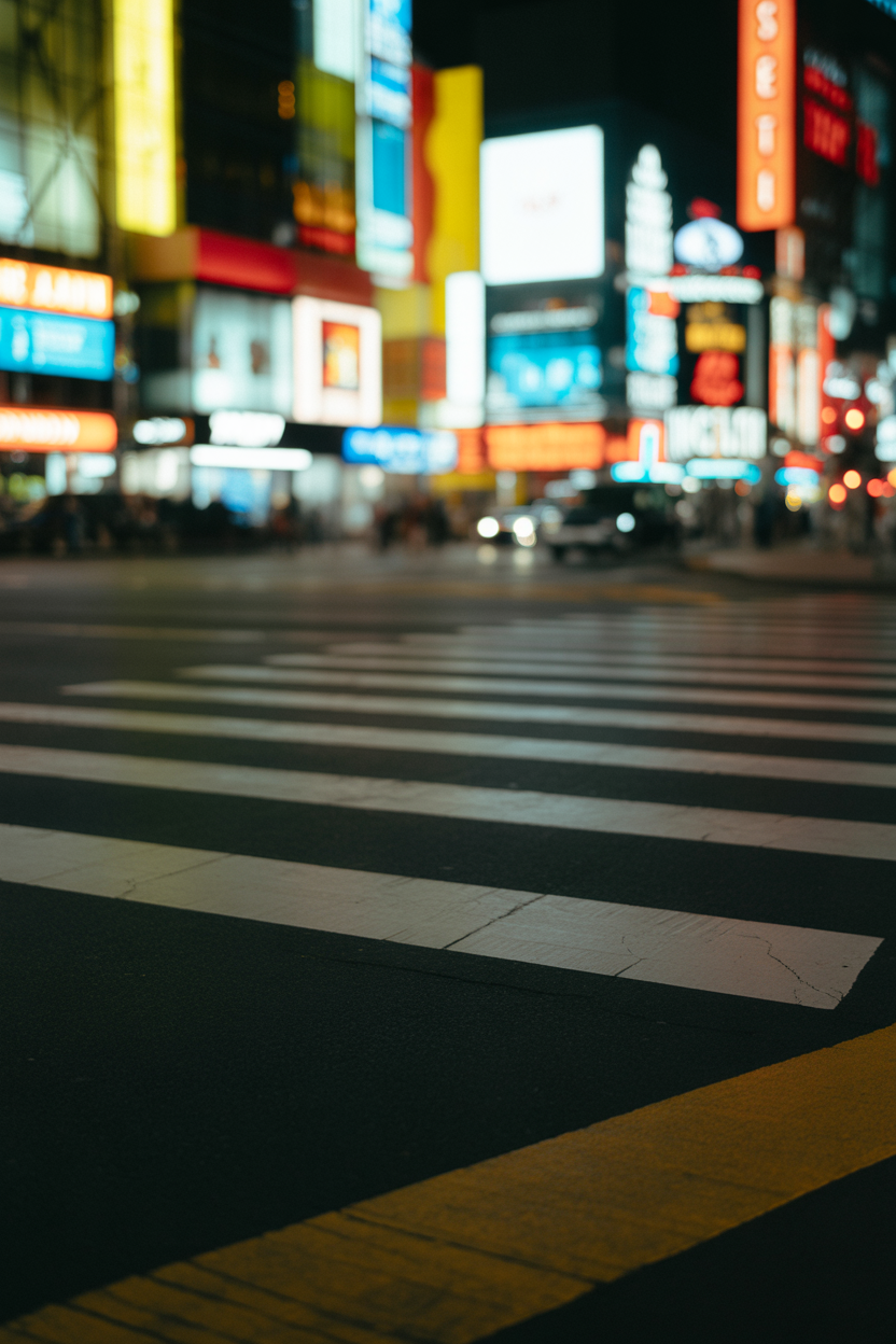 Bright city street glowing with colorful neon billboards